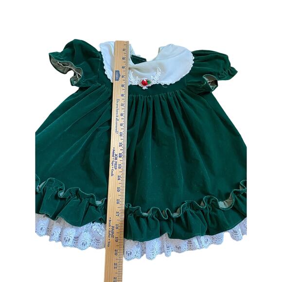 Vintage Hugs and Kisses Green Velvet Girls Dress - Picture 11 of 12